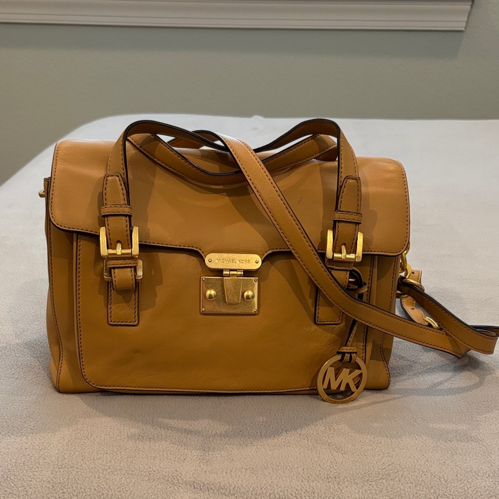 Michael Kors Camel Leather Satchel with Gold Accents